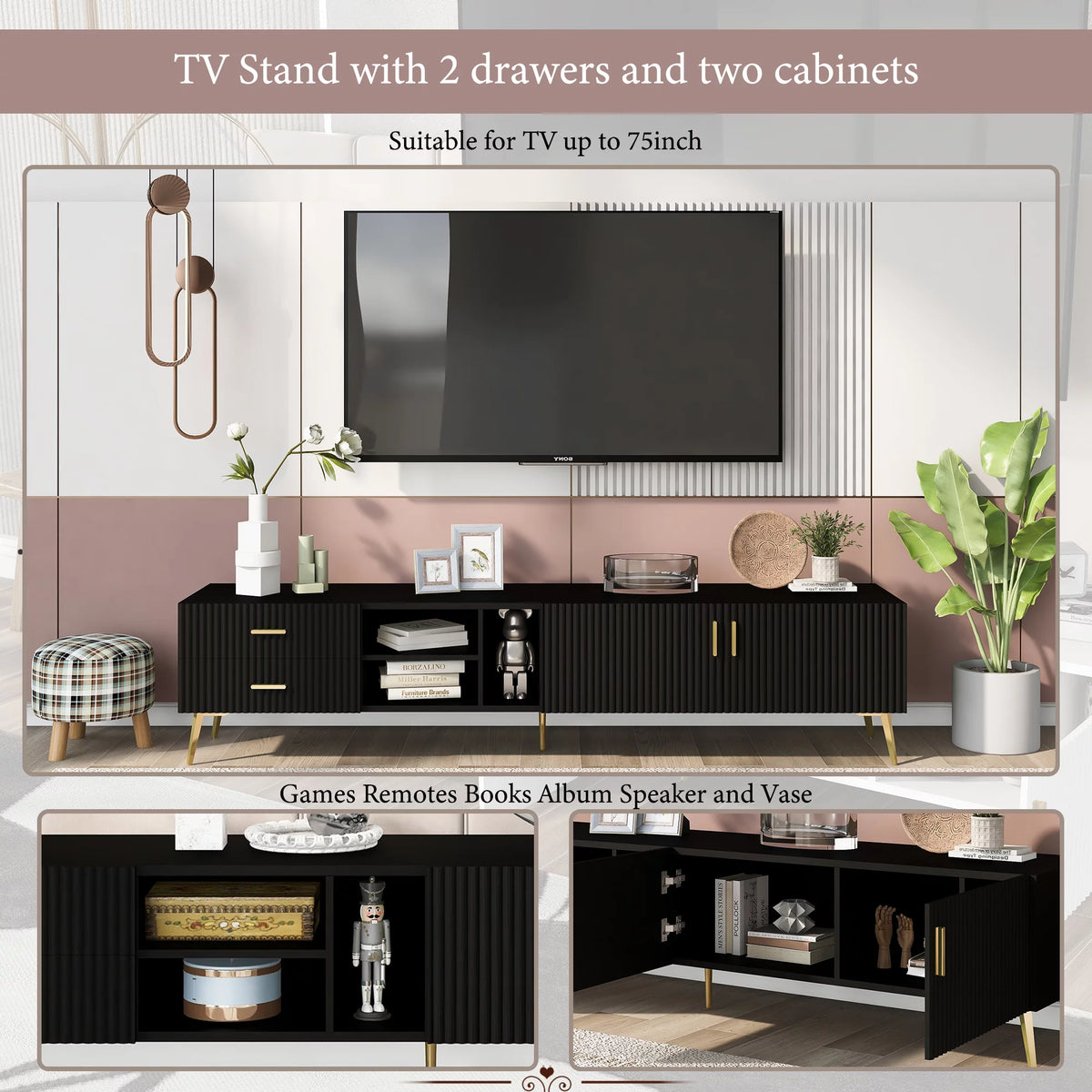 75" Black TV Stand with Storage F599803