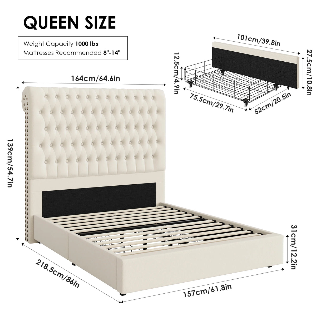 Queen Size Storage Bed with Tall Headboard and Drawers R838