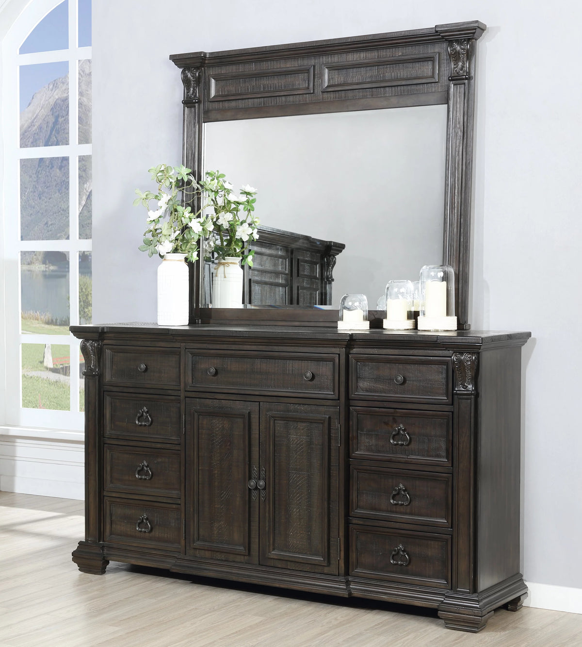 Dark Walnut Wood Dresser Mirror with Door N296457