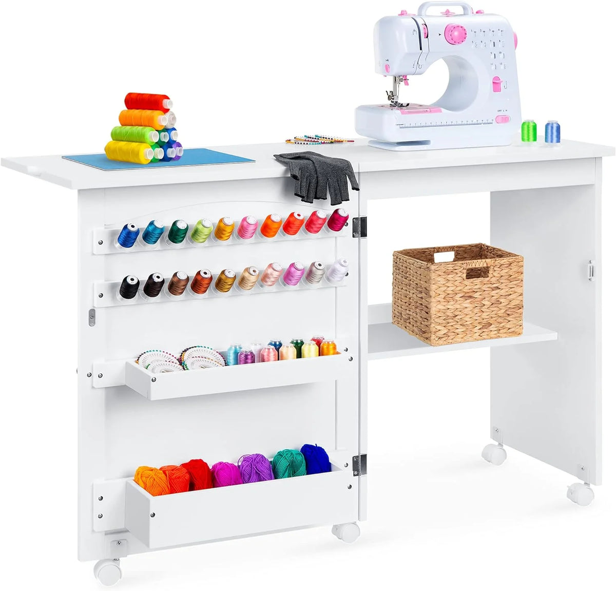 Folding Sewing Table Craft Station with Wheels Shelves Storage Trays G55694