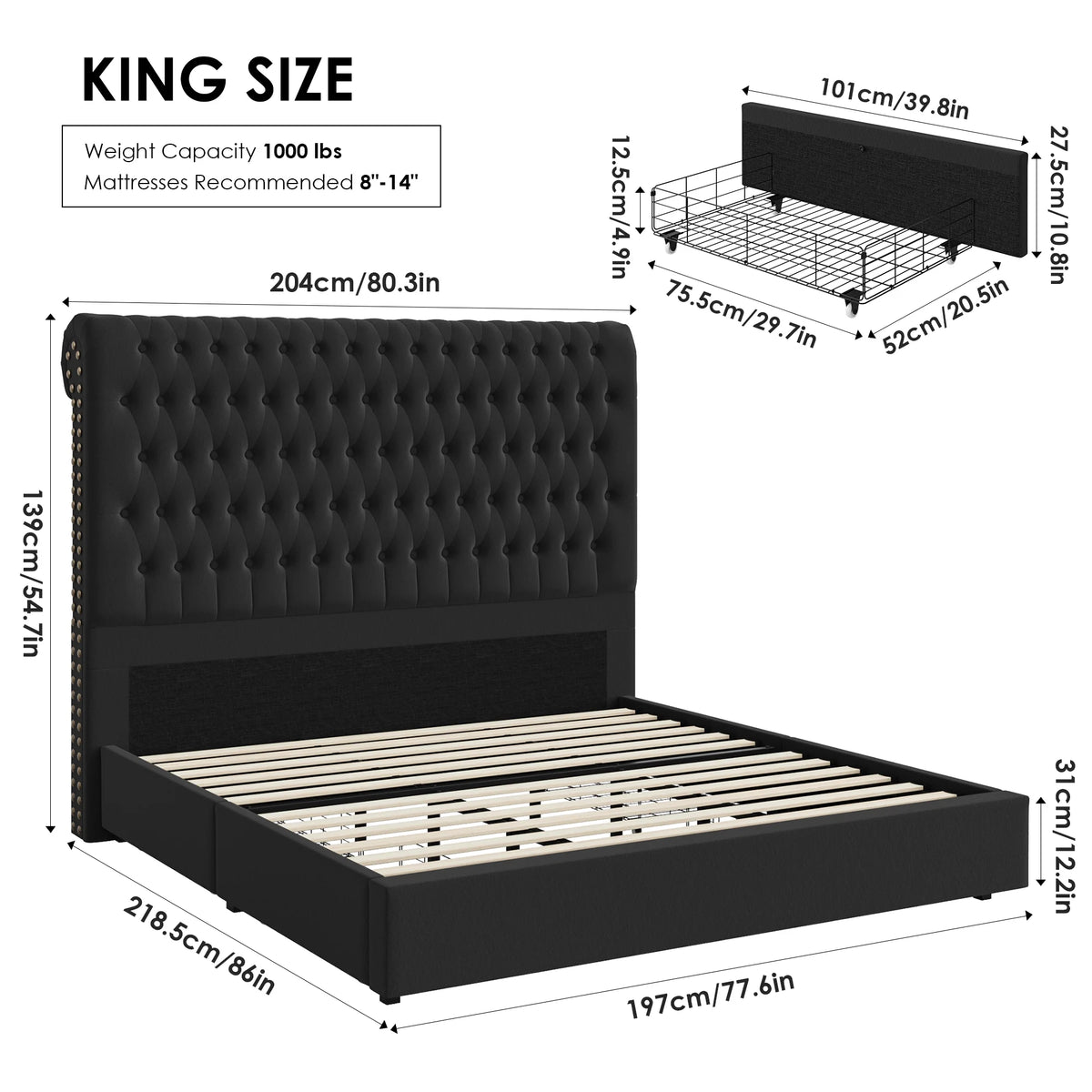 Queen Size Storage Bed with Tall Headboard and Drawers R838