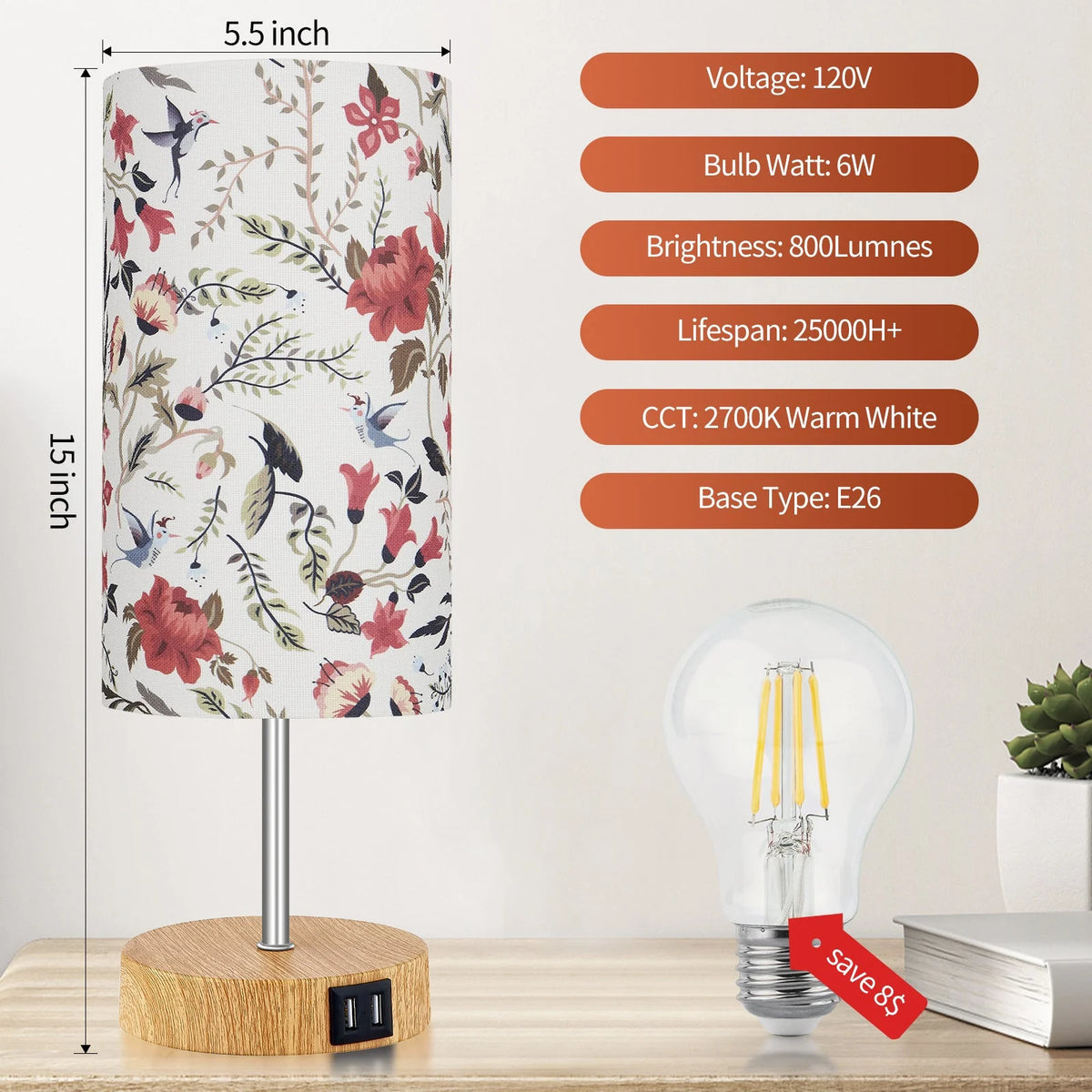15" Touch Control Table Lamp with Dual USB Ports P6136