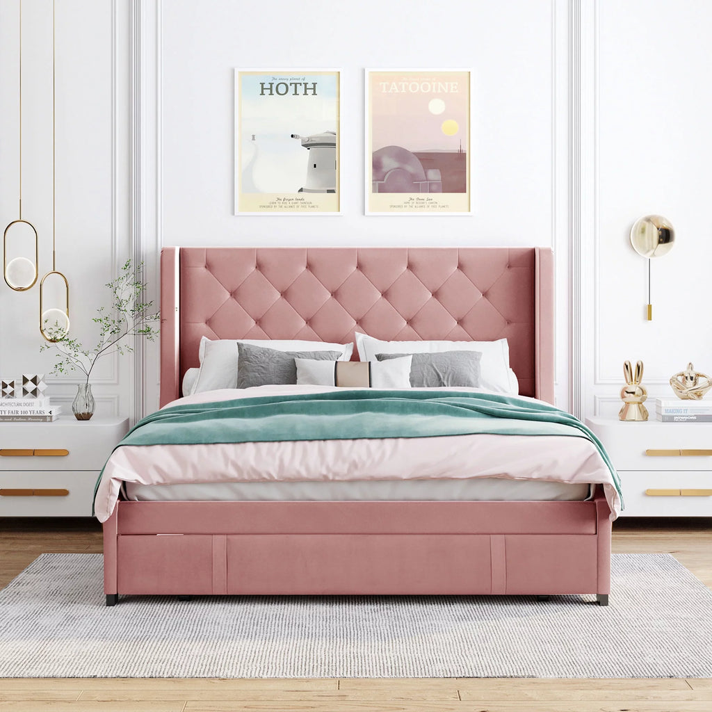 Queen Size Upholstered Platform Bed with Wingback Headboard and Drawer D895692