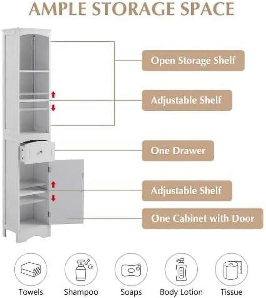 White Tall Freestanding Bathroom Cabinet with Drawer and Adjustable Shelves D95565