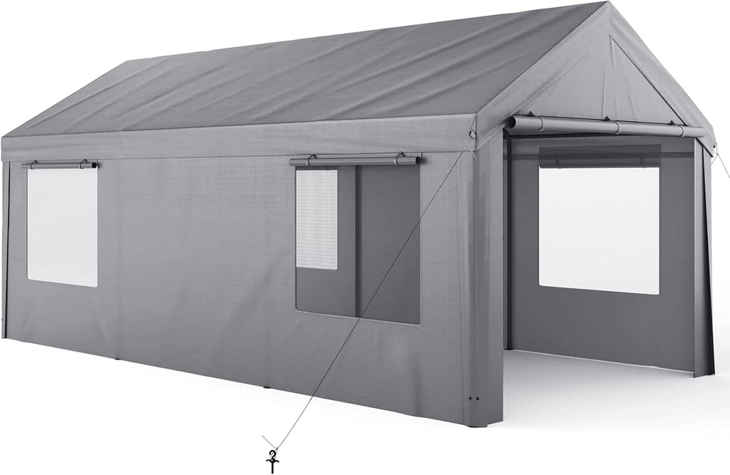 10x20ft Heavy Duty Carport with Removable Sidewalls & Doors, Beige F157