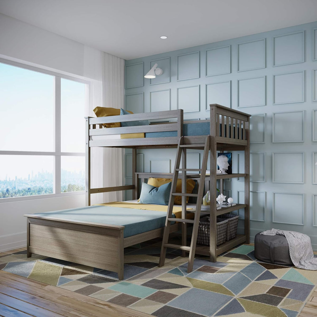 White L Shape Bunk Bed with Bookcase J878458
