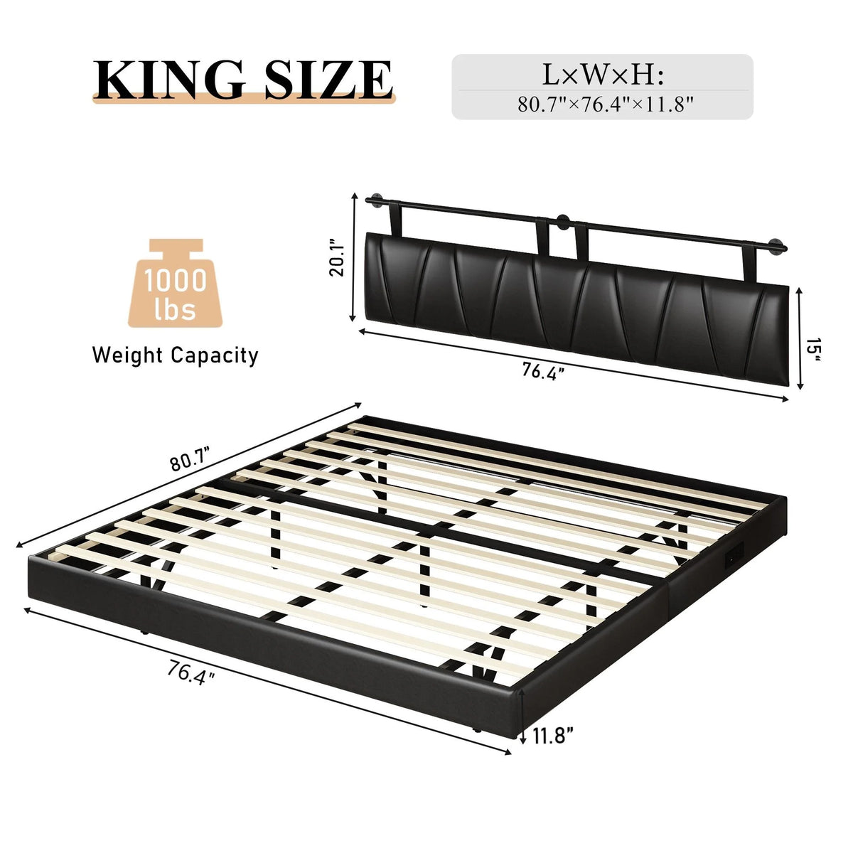 King Size Floating Upholstered Platform Bed with LED Light & Power Charging Station A5255