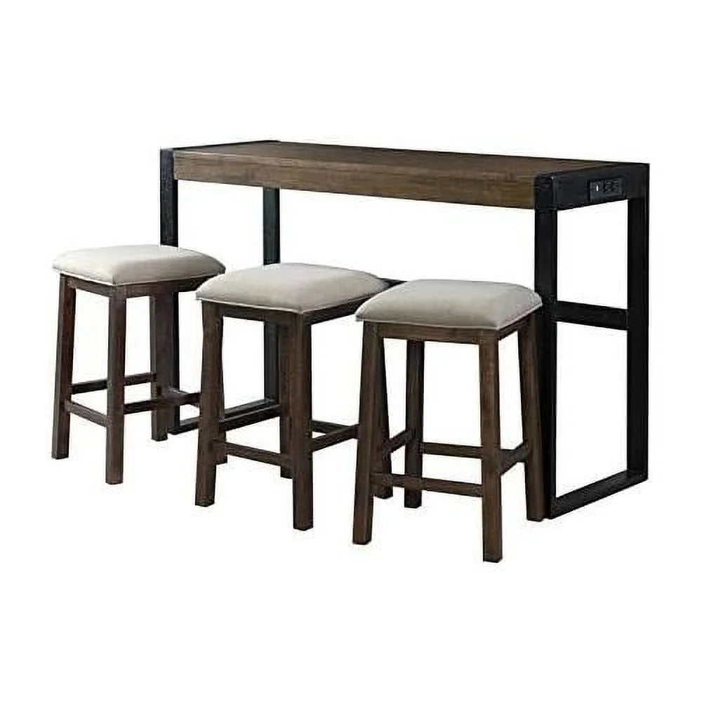 Walnut and Taupe Fabric Sofa Bar Table Set with 3 Upholstered Stools K7580