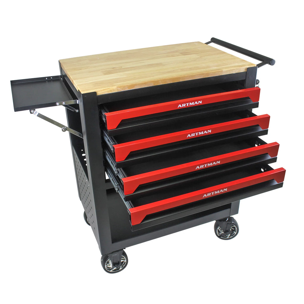 4-Tier Rolling Tool Cart with Cabinet and Wooden Top T3880