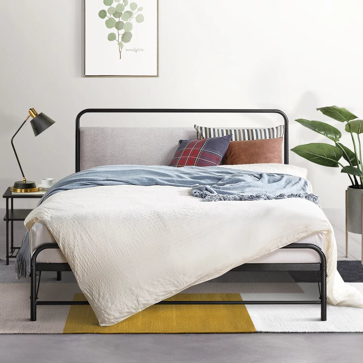 Queen Metal Platform Bed with Fabric Headboard C6539