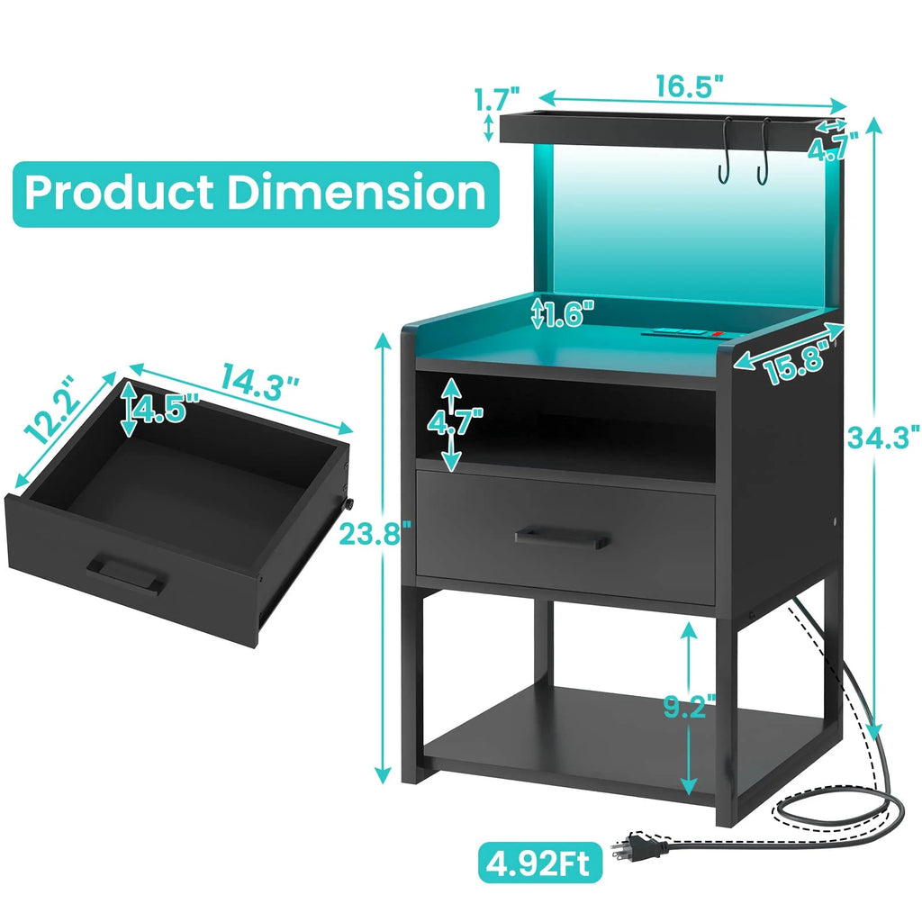 Black Nightstand with Charging Station and LED Lights B2726