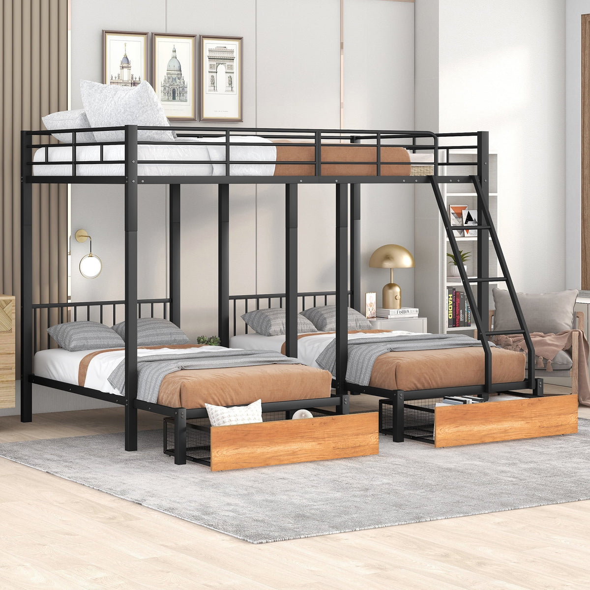 Black Metal Triple Bunk Bed with Drawers P803