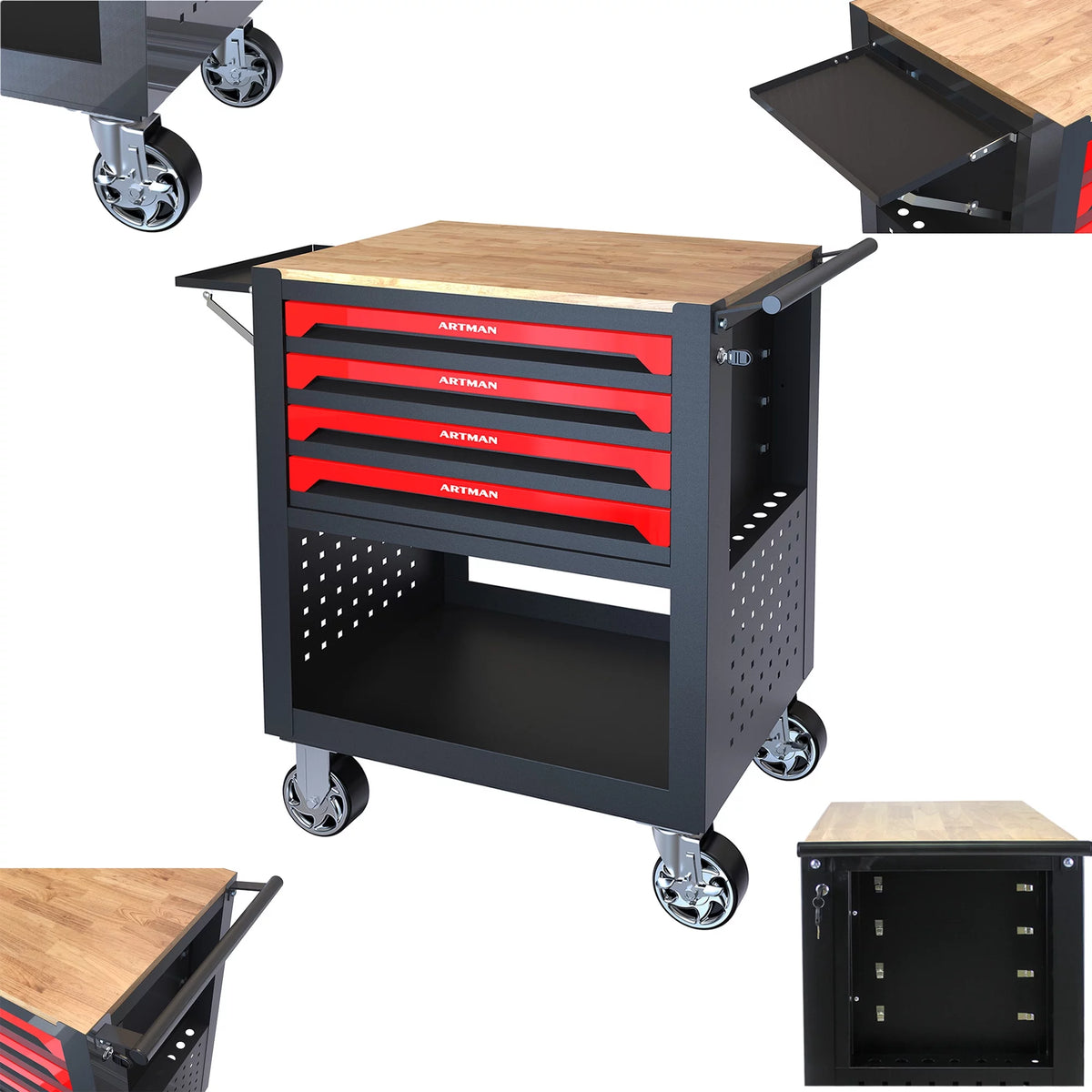 4-Tier Rolling Tool Cart with Cabinet and Wooden Top T3880