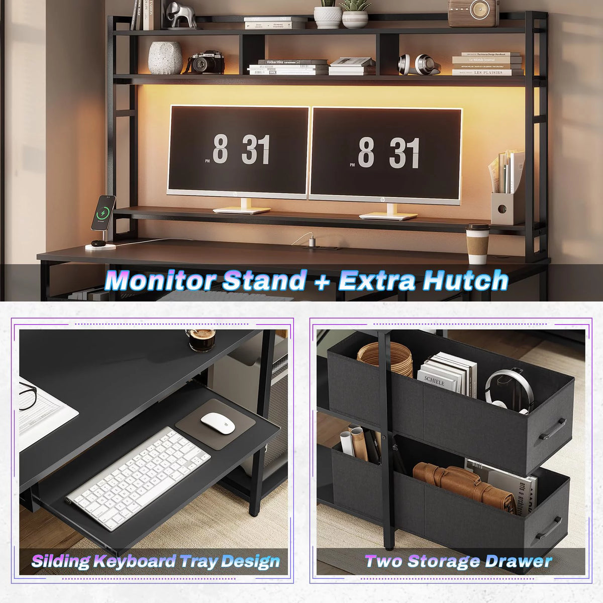 Black 55 inches Computer Gaming Desk with Bookshelf and 2 Drawers R684540