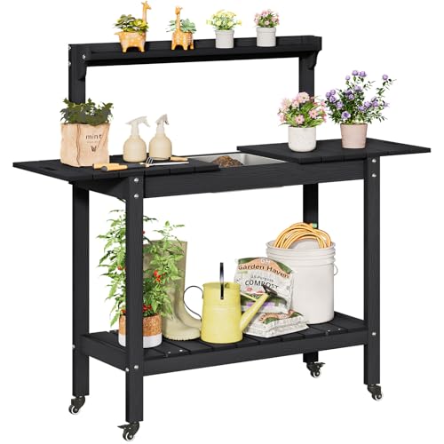 Outdoor Potting Bench with Sliding Tabletop, 4 Wheels, Removable Sink Q3013