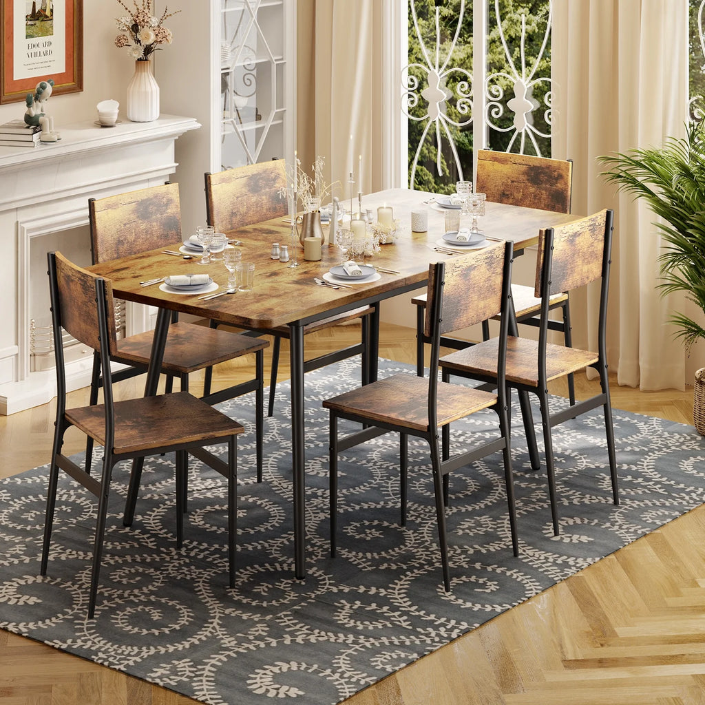 Extendable Kitchen Table Set for 4-6 People, 7-Piece Dining Table Set With 6 Chairs R26002