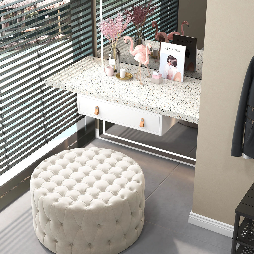 Beige Velvet-Feel Tufted Ottoman N171726