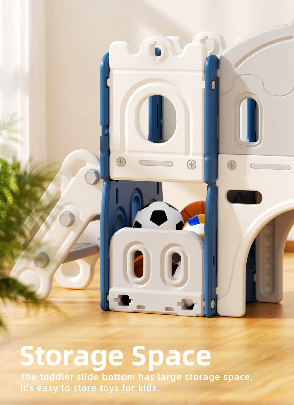 8 in 1 Toddler Slide with Climber, Basketball Hoop, Tunnel and Storage Space D100120