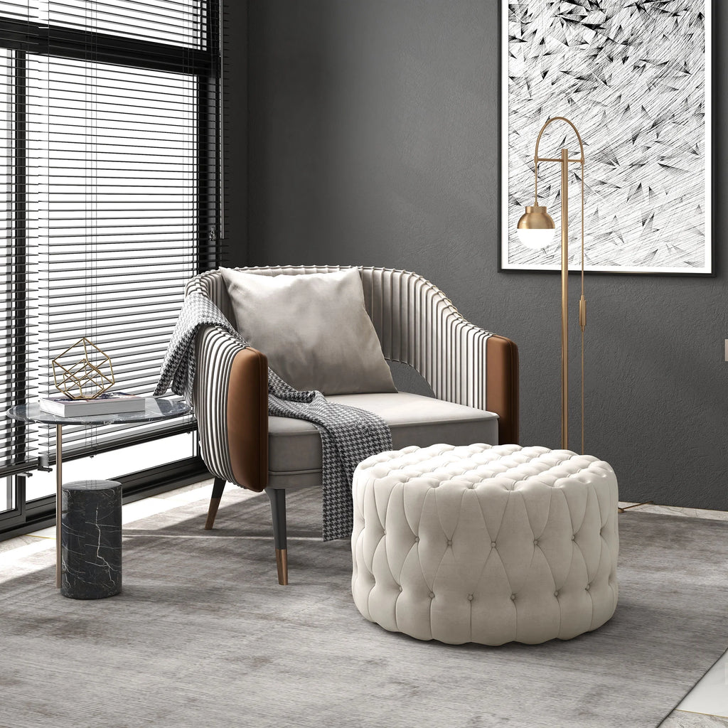 Beige Velvet-Feel Tufted Ottoman N171726