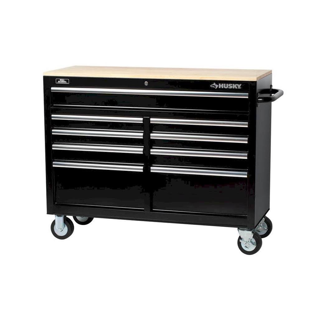 Black 46 in. 9-Drawer Mobile Workbench with Solid Wood Top U597413