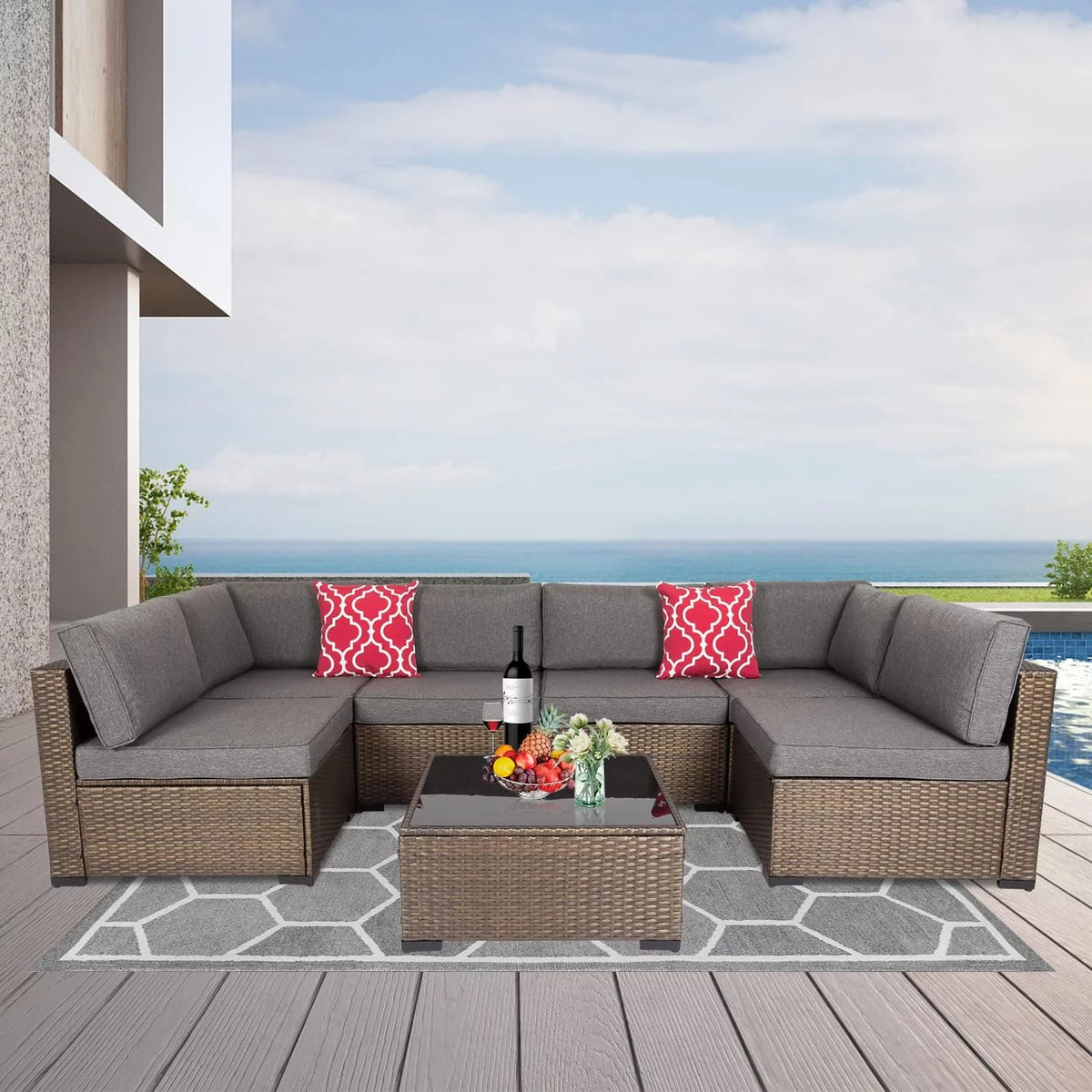 7 Pcs Wicker Patio Furniture Set with Gray Cushions D95130