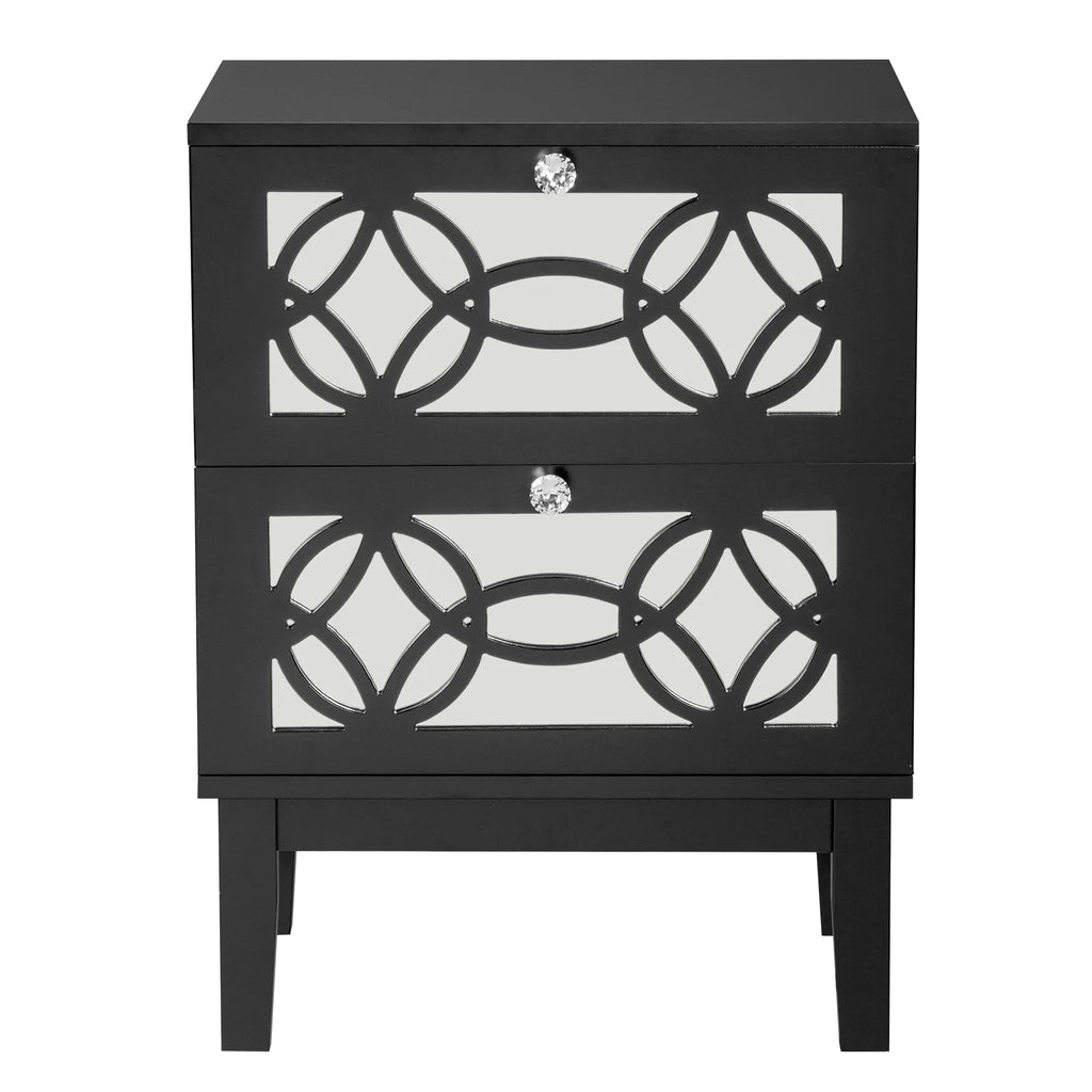 Black Modern Bedside Table with Storage Drawers and Smoked Mirror R690
