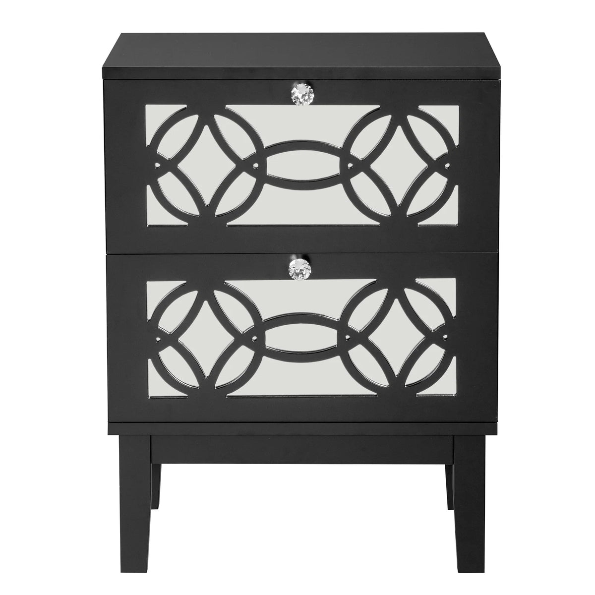 Black Modern Bedside Table with Storage Drawers and Smoked Mirror R690