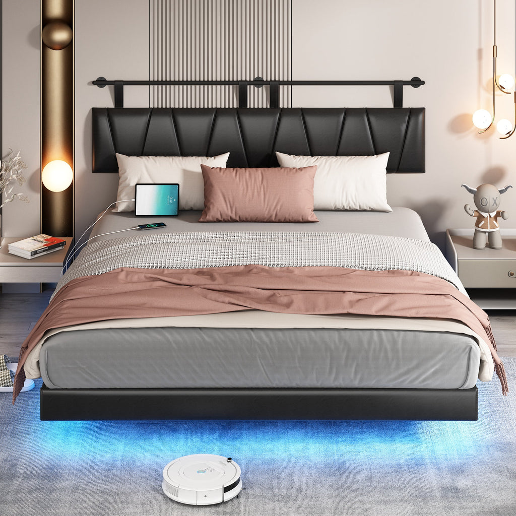 King Size Floating Upholstered Platform Bed with LED Light & Power Charging Station A5255