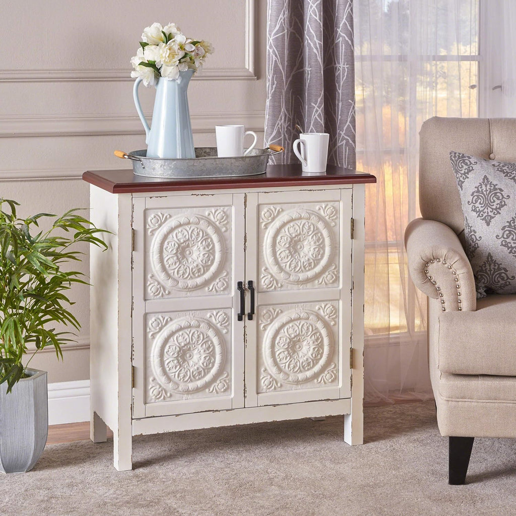Distressed White Brown Firwood Cabinet V984