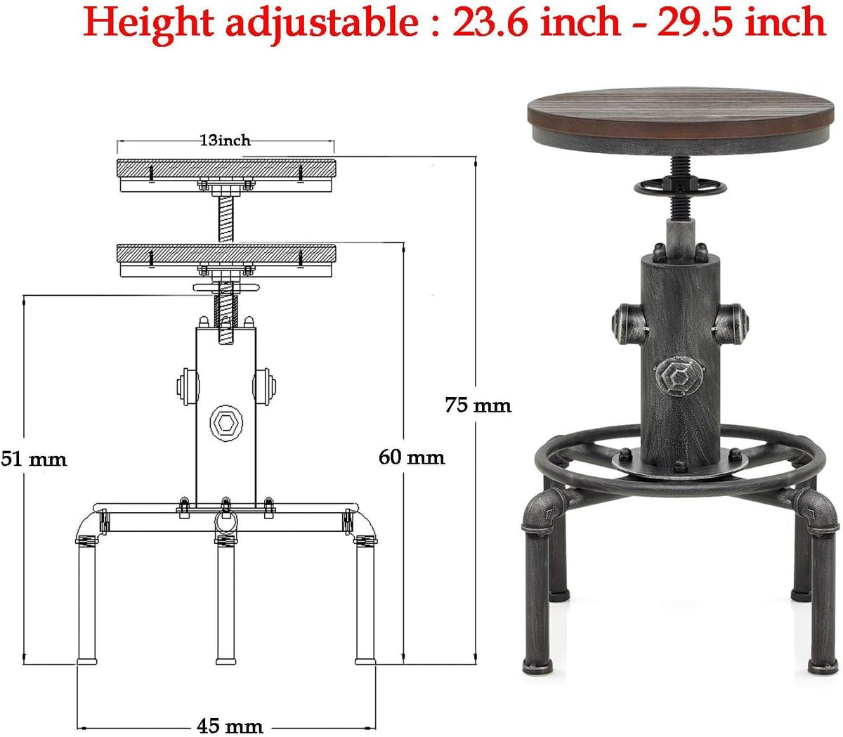 Adjustable Height Solid Wood Barstool Set of 2 S2449