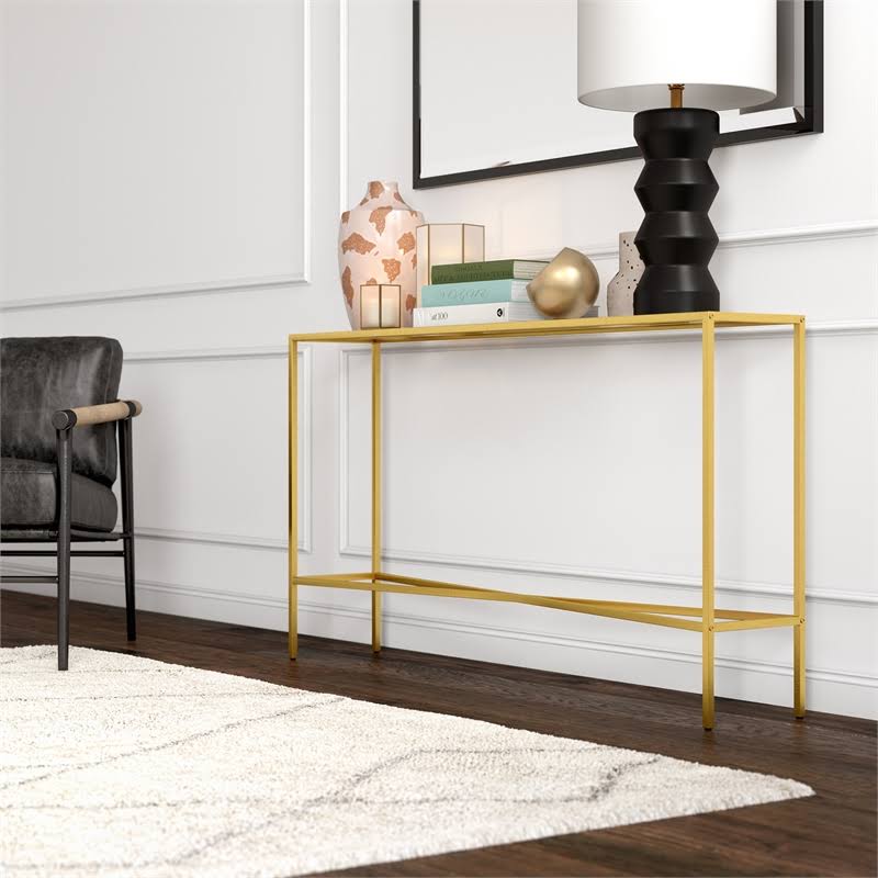 55x22 Brass Finish Console Table with Glass Tabletop K548