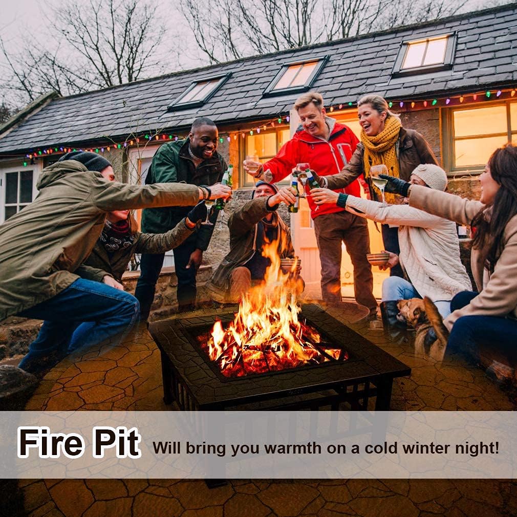 32 Metal Square Wood Burning Fire Pit with Charcoal Rack K385996