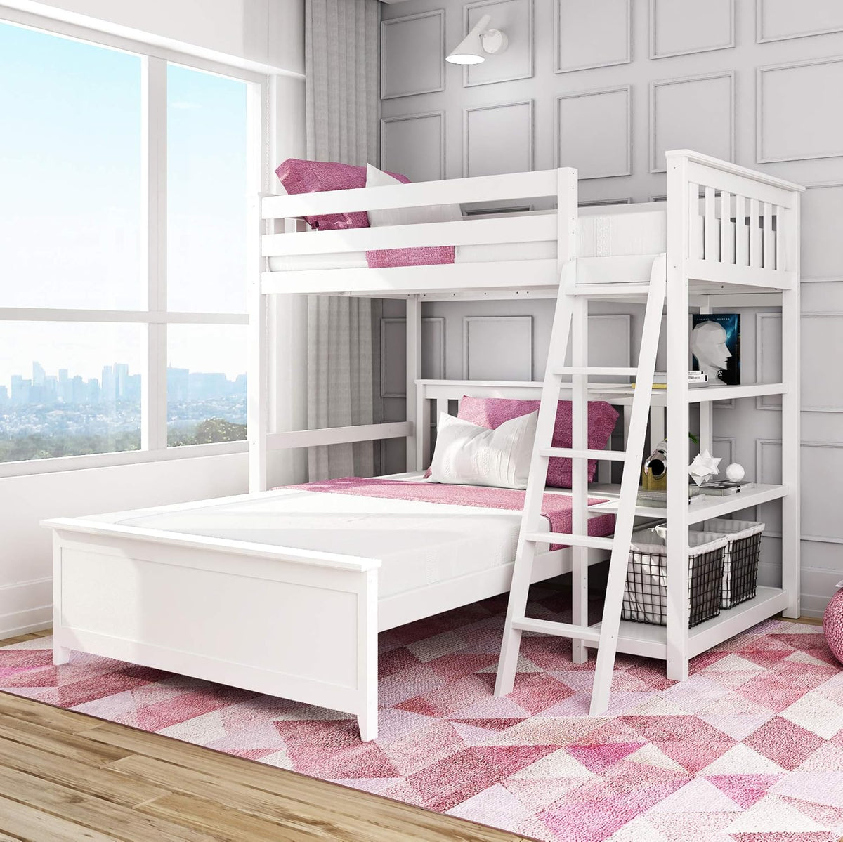 White L Shape Bunk Bed with Bookcase J878458