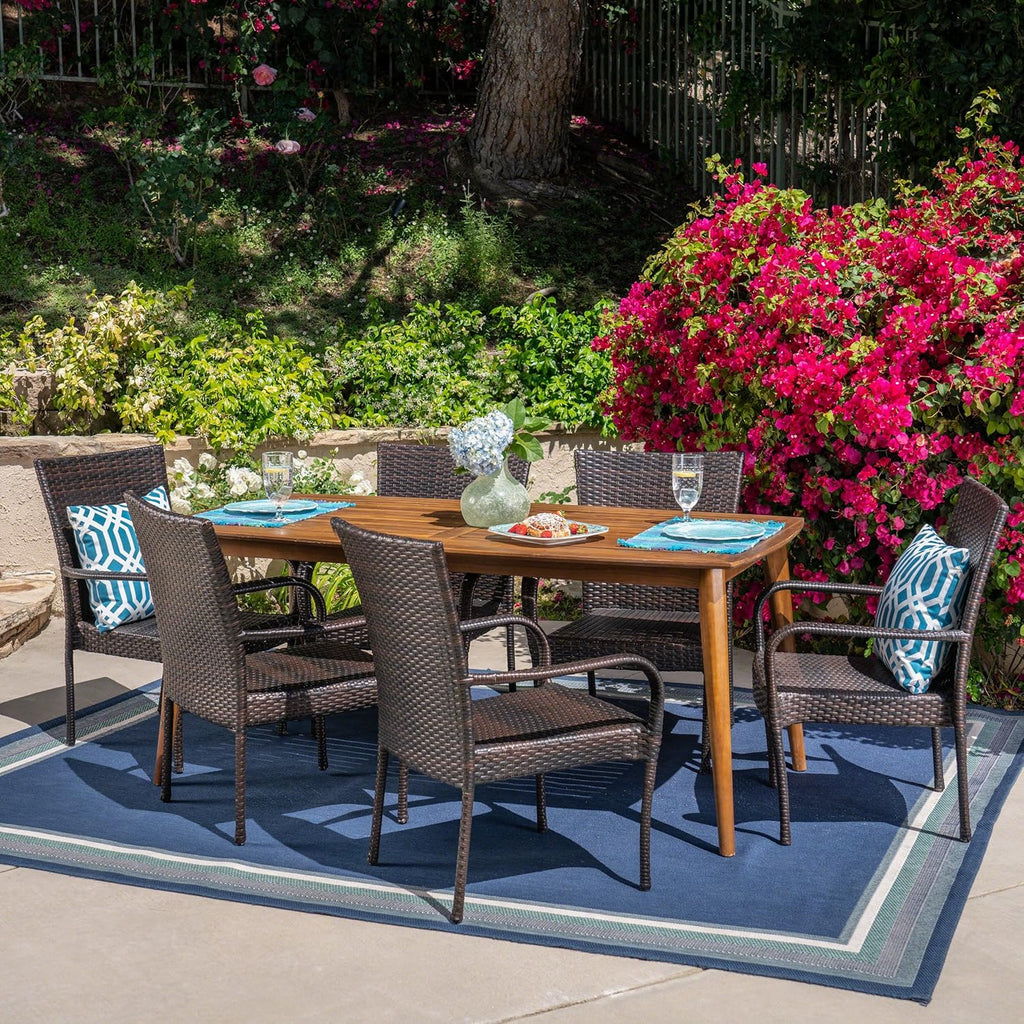 7 Piece Multibrown Wicker and Acacia Wood Dining Set W689319