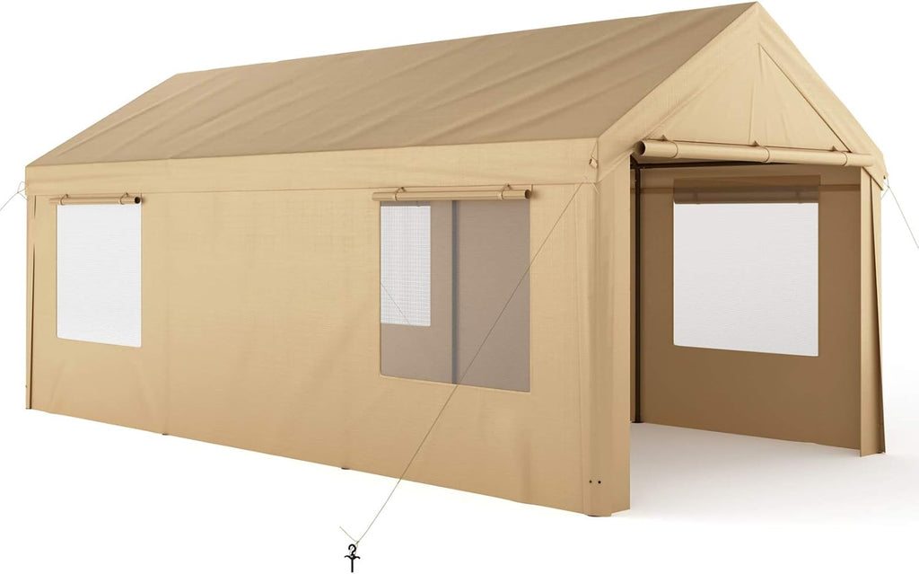 10x20ft Heavy Duty Carport with Removable Sidewalls & Doors, Beige F157