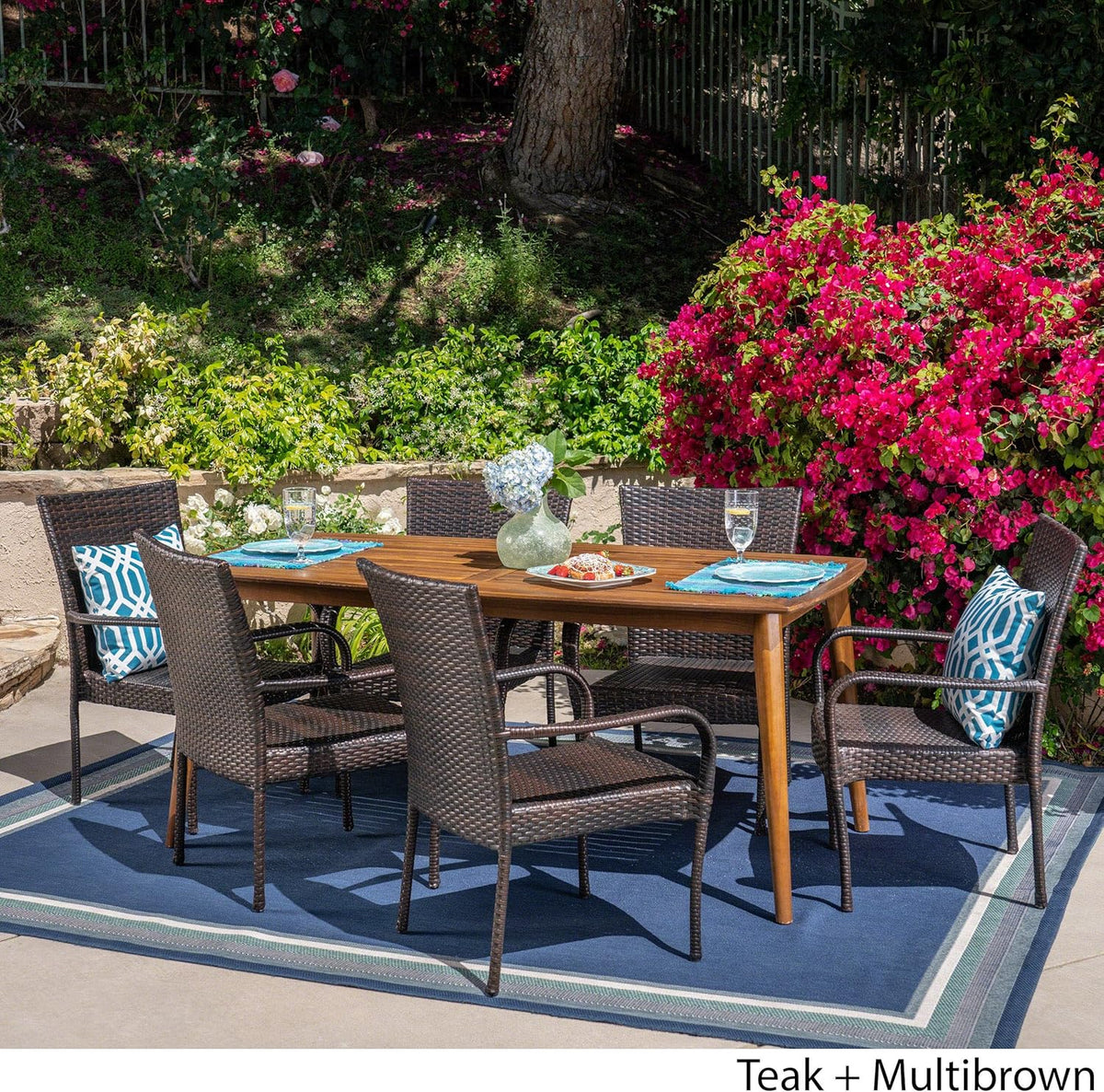 7 Piece Multibrown Wicker and Acacia Wood Dining Set W689319