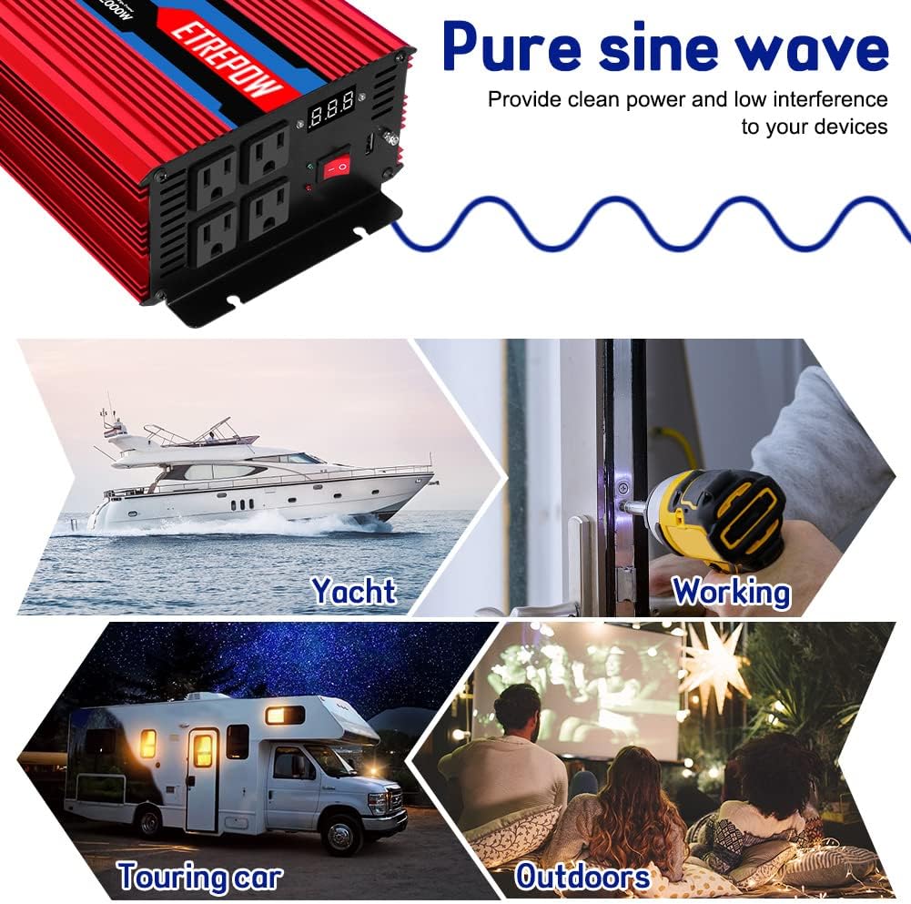 1000 Watt Pure Sine Wave Power Inverter 12V DC to 110V AC U749