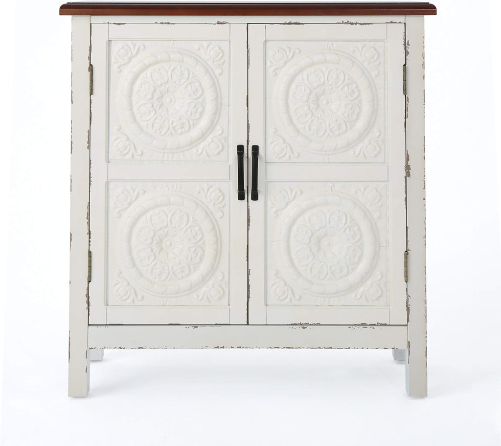 Distressed White Brown Firwood Cabinet V984