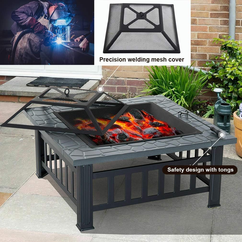 32 Metal Square Wood Burning Fire Pit with Charcoal Rack K385996