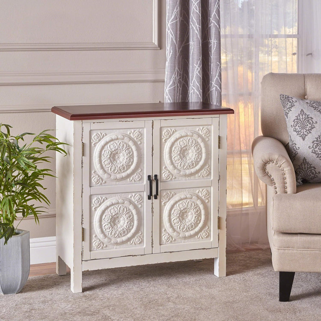 Distressed White Brown Firwood Cabinet V984