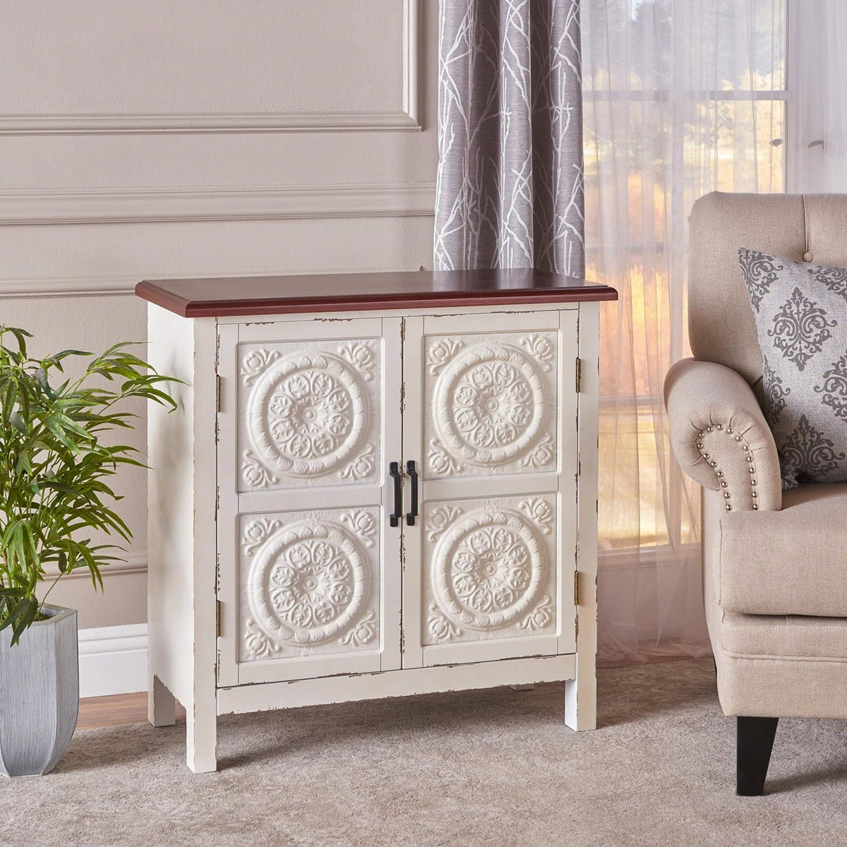 Distressed White Brown Firwood Cabinet V984