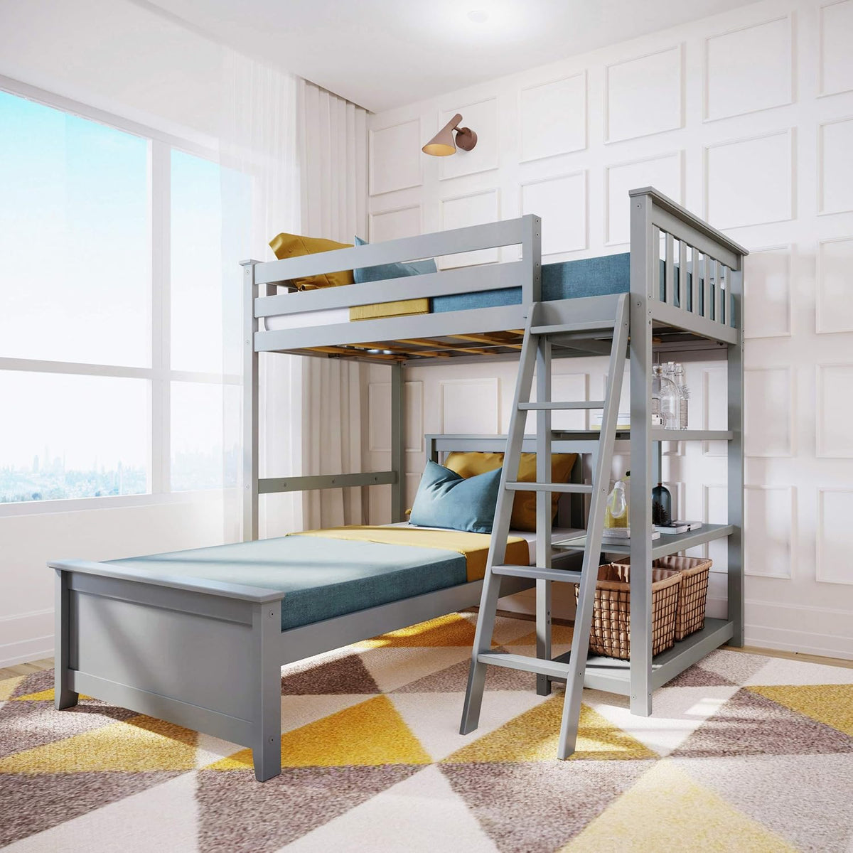 White L Shape Bunk Bed with Bookcase J878458