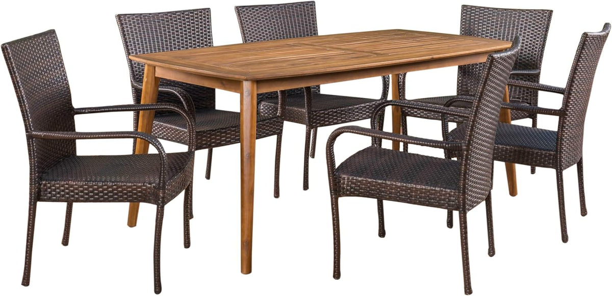 7 Piece Multibrown Wicker and Acacia Wood Dining Set W689319