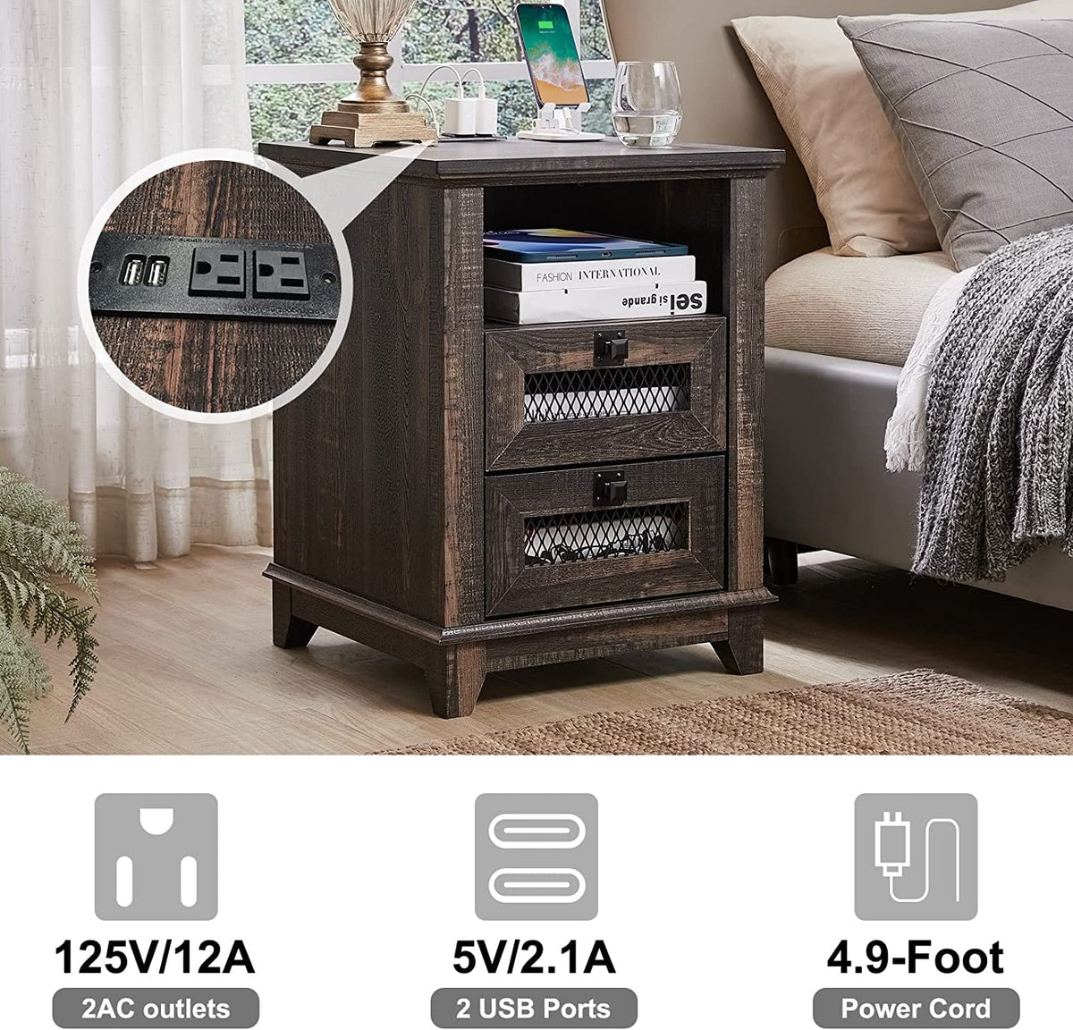 Square Nightstand with Charging Station and 2 Drawers W635121