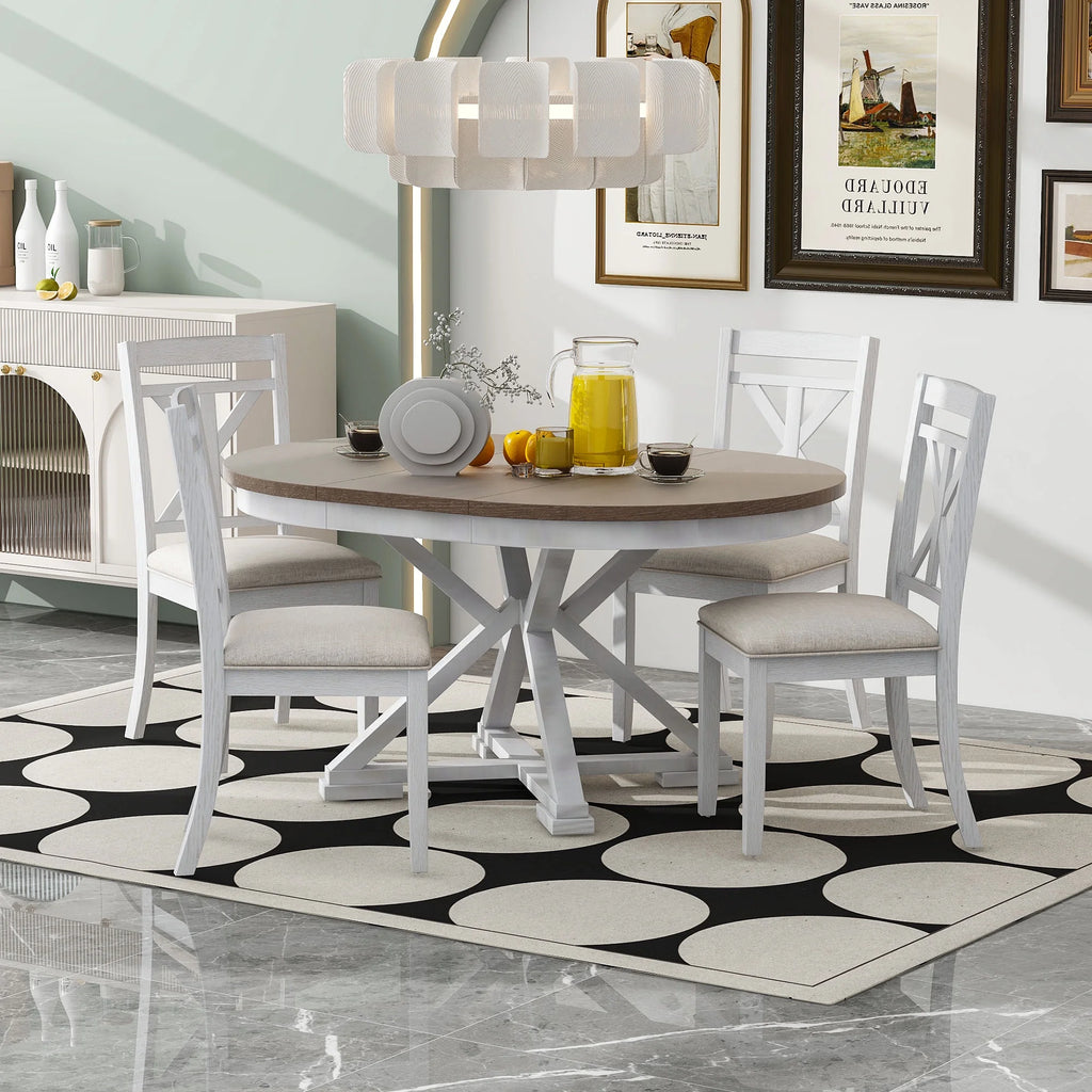 5-Piece Extendable Round Dining Table Set with 4 Upholstered Chairs E617