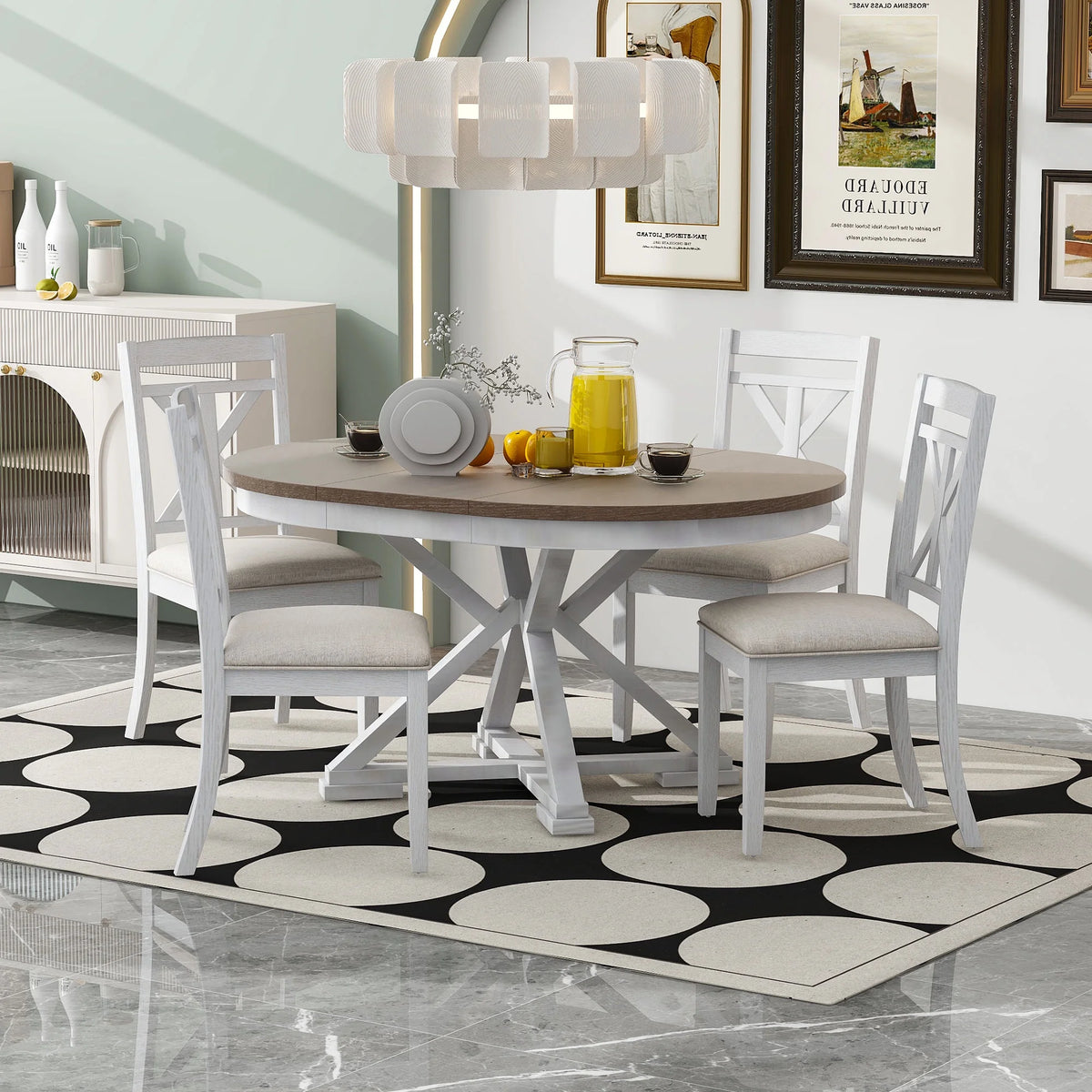 5-Piece Extendable Round Dining Table Set with 4 Upholstered Chairs E617