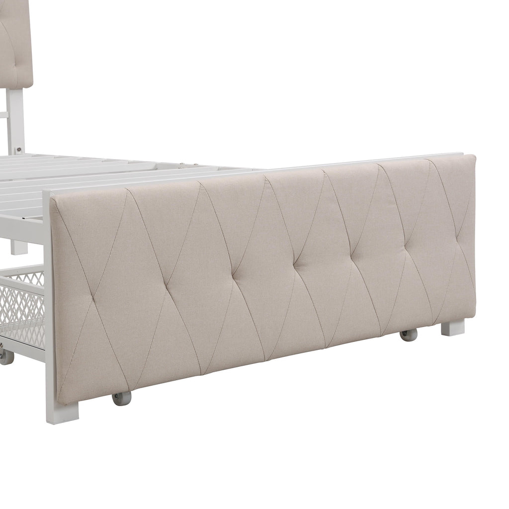 Beige Twin Size Metal Platform Bed with Linen Upholstered Headboard and Storage Drawer Q509652