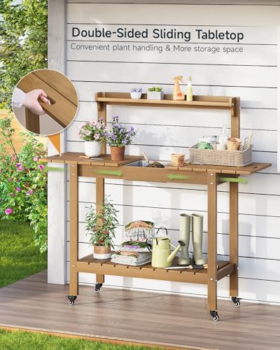 Outdoor Potting Bench with Sliding Tabletop, 4 Wheels, Removable Sink Q3013