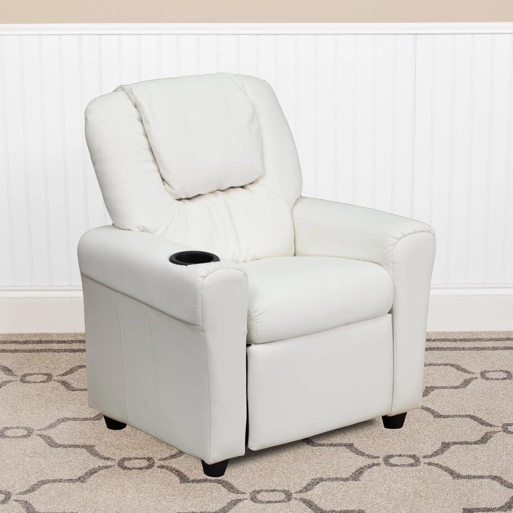 White Vinyl Kids Recliner with Cup Holder D584375