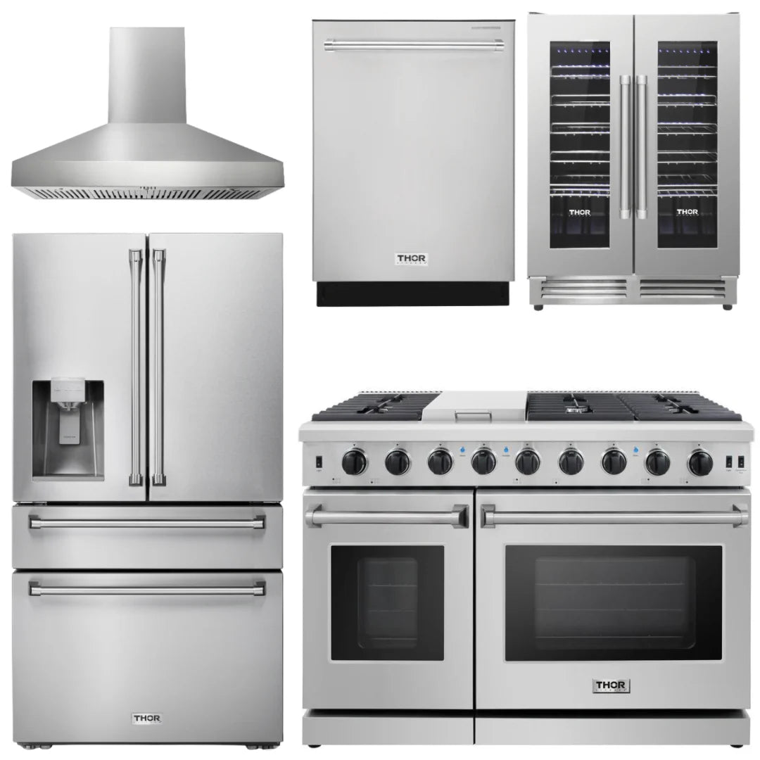 48 Gas Range, Range Hood, Refrigerator with Water and Ice Dispenser, Dishwasher, Wine Cooler X79619